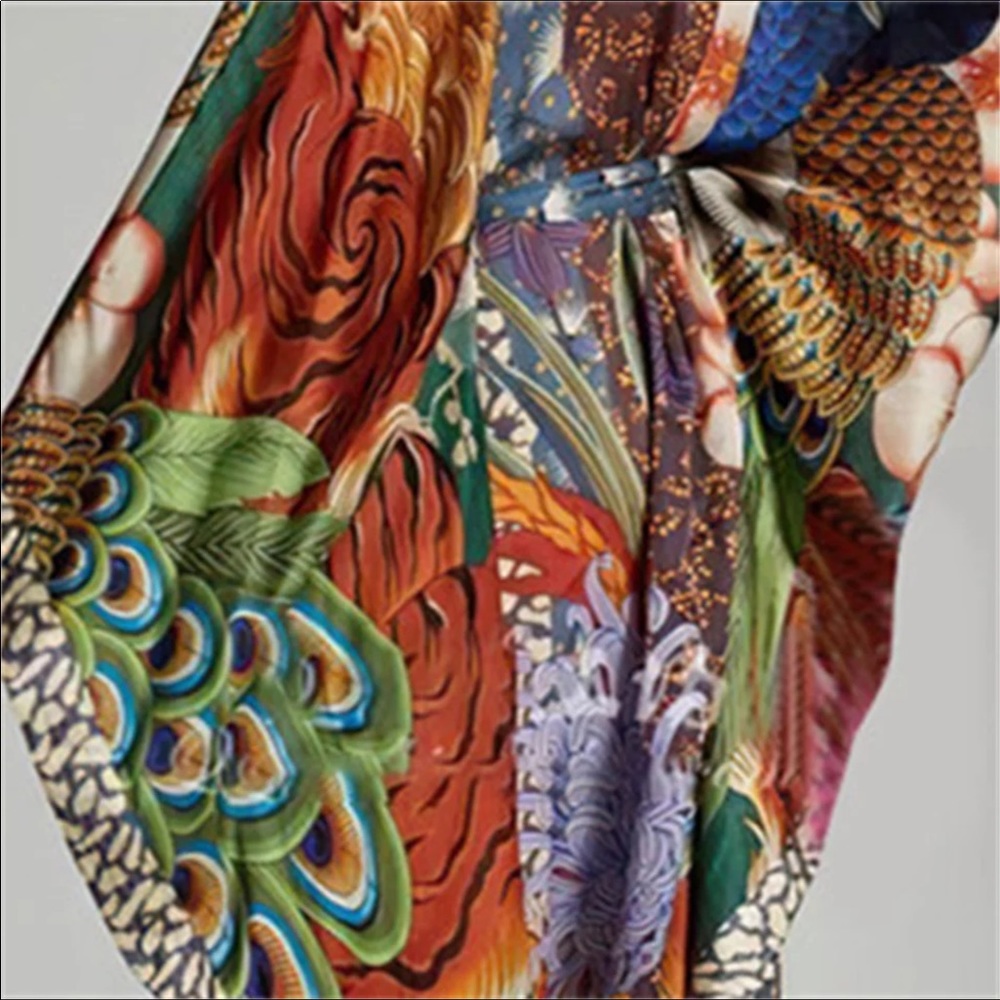 Green Floral & Dragon Print Satin Maxi Kimono Dress - Picture 4 of 7